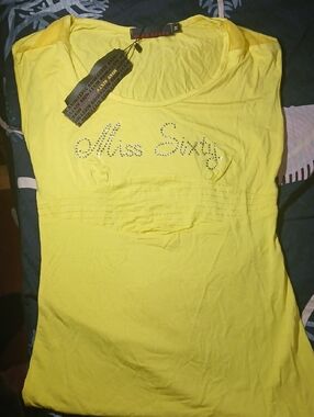 Miss Sixty Yellow Rhinestone Logo Tank Top